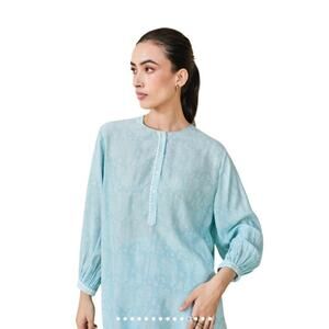 Women’s Embroidered Tunic Top Teal Blue XXL Lightweight Side Slit Bohemia